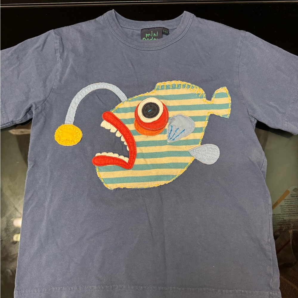 Mini Boden Blue Tee with Striped Fish Graphic